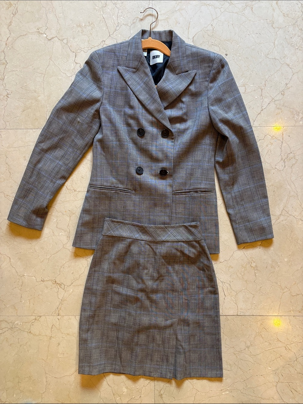 DKNY Gray Plaid Double-Breasted Blazer & Pencil Skirt Set